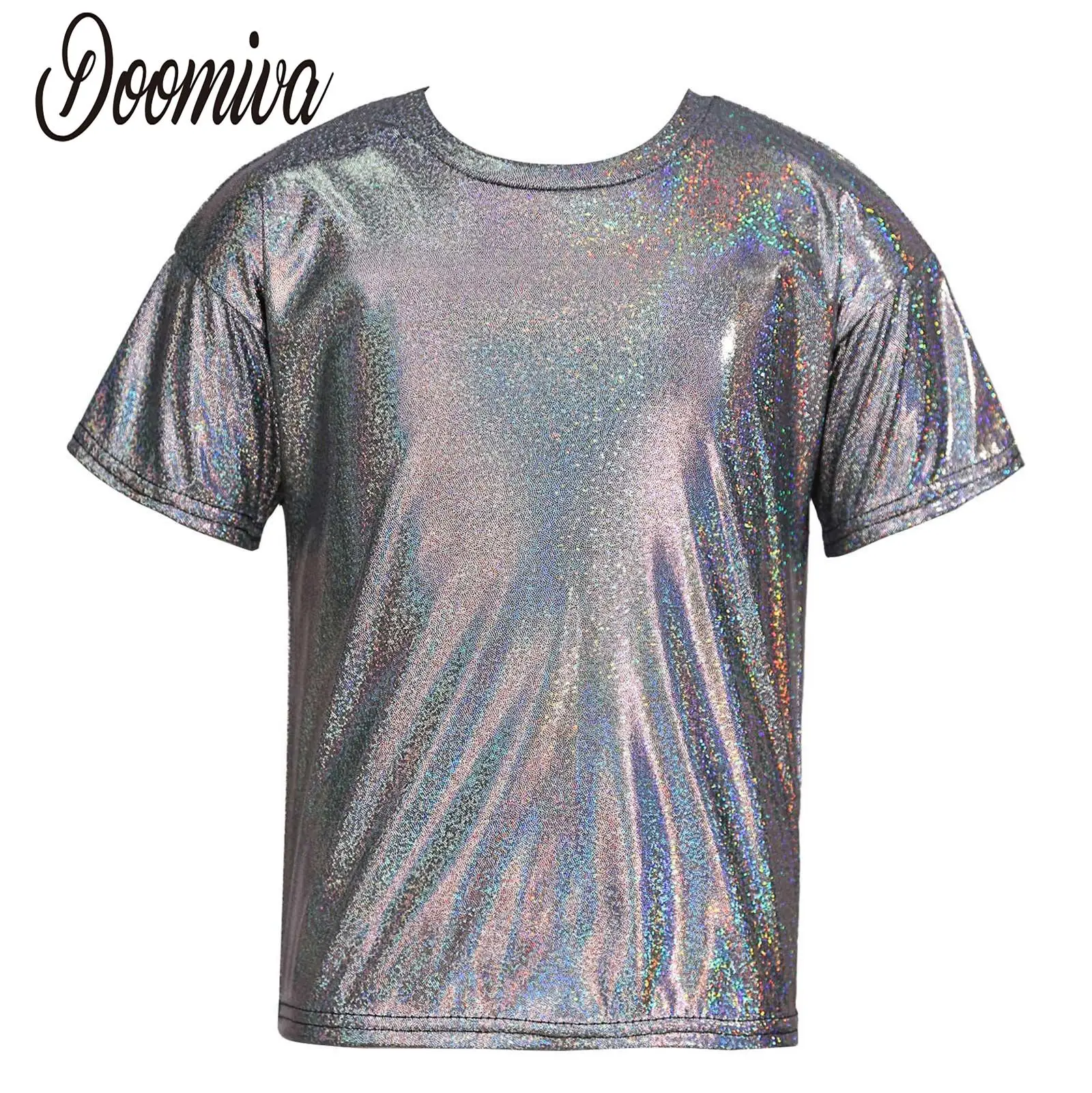 

Boys Girls Shiny Metallic T-Shirts for Street Hip Hop Modern Dance Performance Costume Short Sleeve Dance Shirt Choir Tops