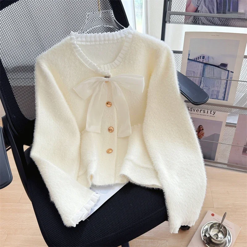 OCEANLOVE Sweet Ruffles Women Sweaters Autumn Winter Bow Korean Fashion Cardigans Contrast Color Elegant Sueter De Mujer