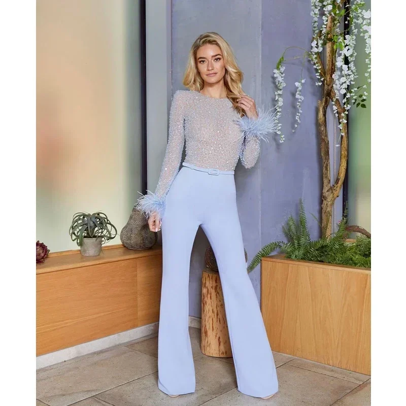 Lugentolo Elegant White Jumpsuit Women Slim Fit Straight Sequins Feather Stitching Long Sleeves Sexy Bodycon Jumpsuits