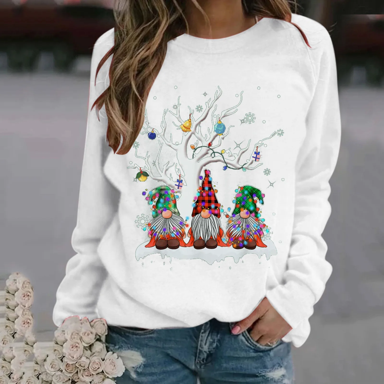 

Ladies Christmas Hoodies Winter Round Neck Shirt Ugly Lightweight Classic Printed Long-Sleeved Sweatshirt Solid Xmas Top Sweater