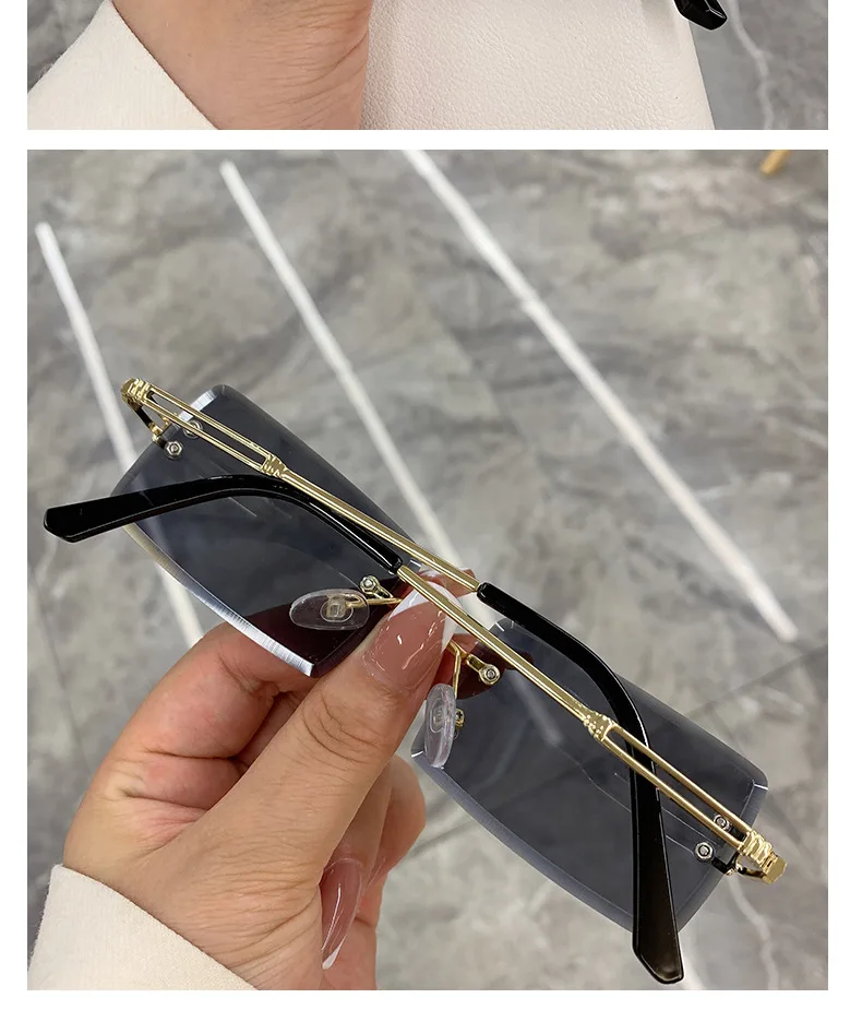 2026 Retro Sonnenbrille für Damen, Markendesigner Randlose Verlaufsgläser, Modische Sonnenbrillen mit Schneidegläsern, Rahmenlose Damenbrillen – Detail 3