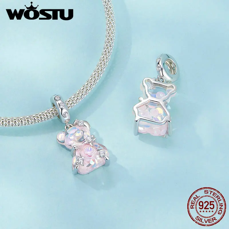 WOSTU 925 Sterling Silver Princess Pink Bear Bead Ballet Girl Charm Shoe Bow Pendant Saftey Chain Fit Bracelet Neckalce DIY Gift