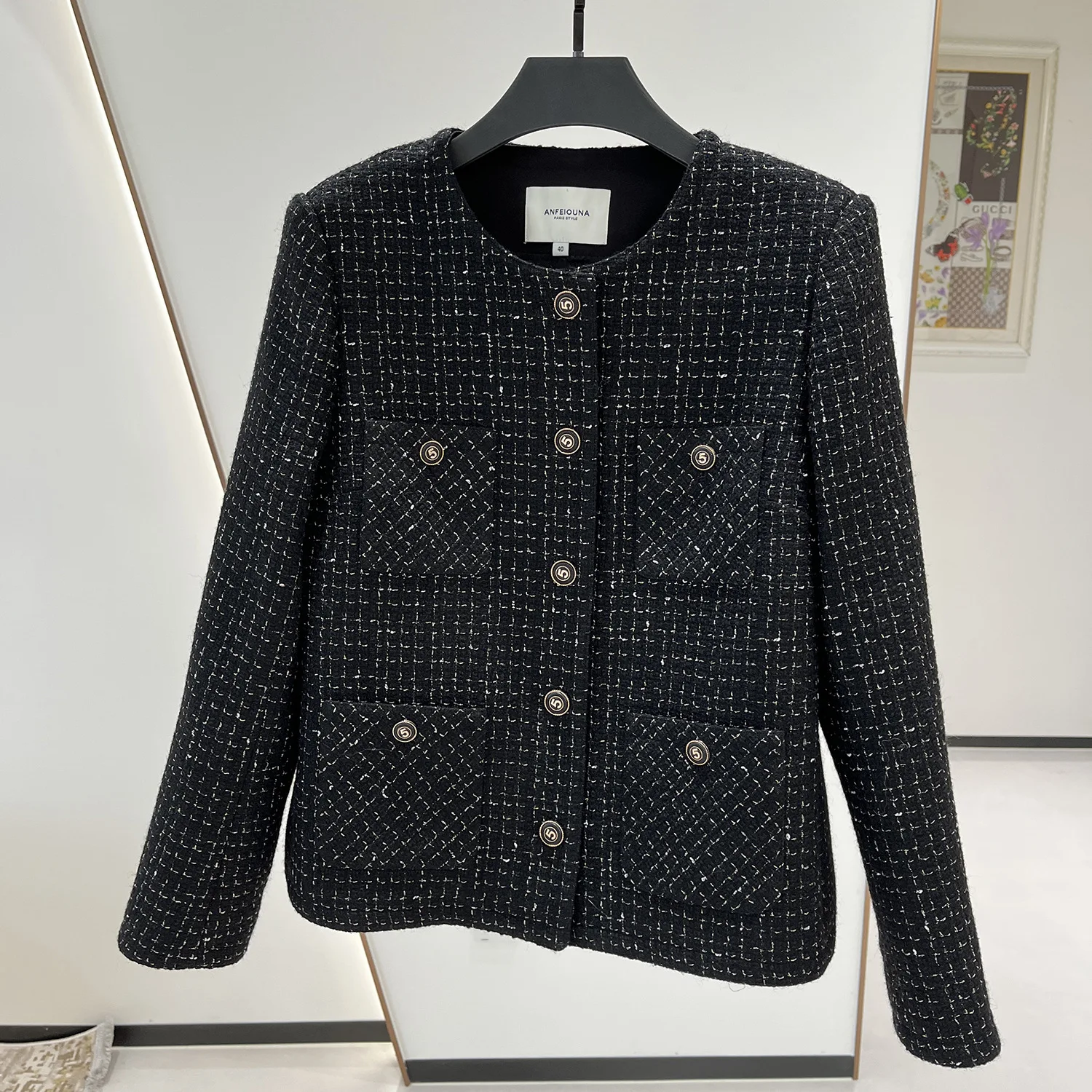 Manteau en tweed à carreaux noir chic pour femme, mélange de laine, poches, haute qualité, automne, 2023, F304