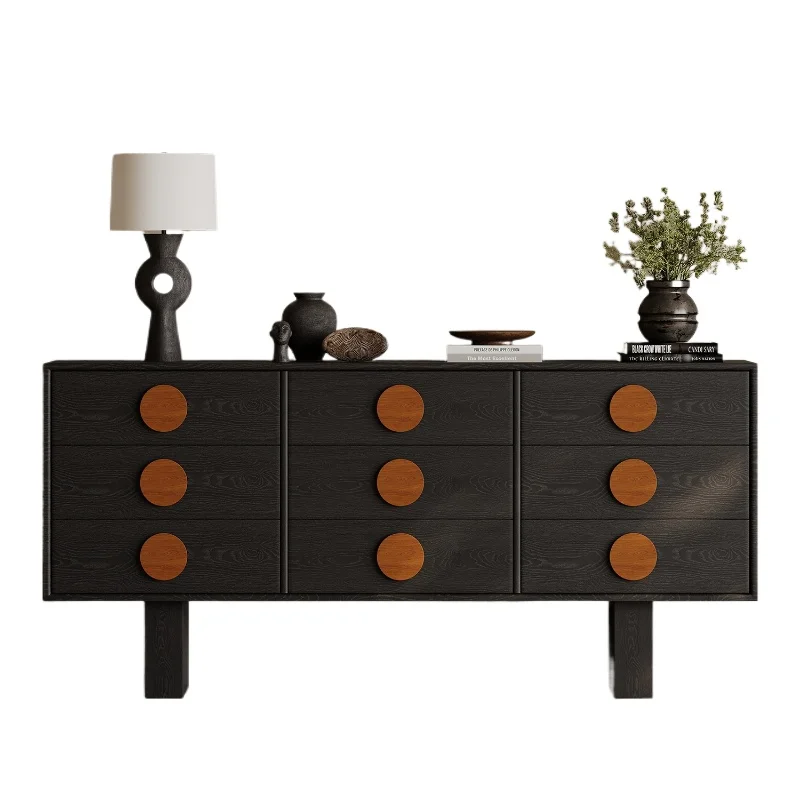 

Medieval black nine-chest cabinet, living room against the wall, light luxury, high-end drawer, locker, household