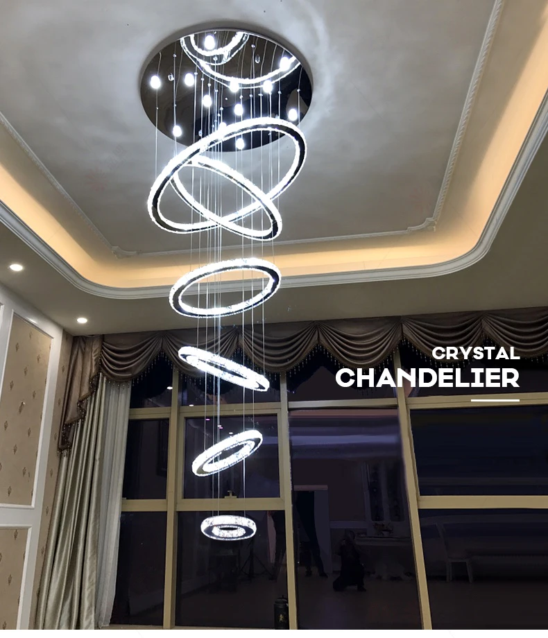 Modern Luxury Crystal Staircase Large Chandelier for loft Rings Design Hanging Lamps Villa Lobby Indoor Lighting Lustre Fixtures