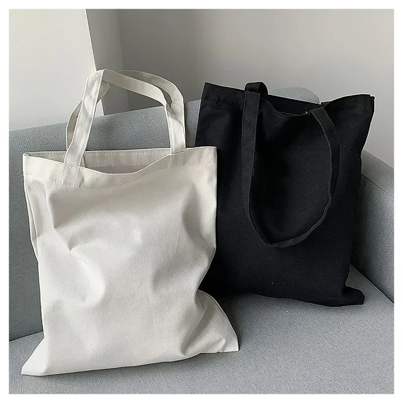 Borsa a tracolla in tela bianca nera di grande capacità Borsa pieghevole in cotone ecologico Borsa a tracolla riutilizzabile fai-da-te Shopping Bag