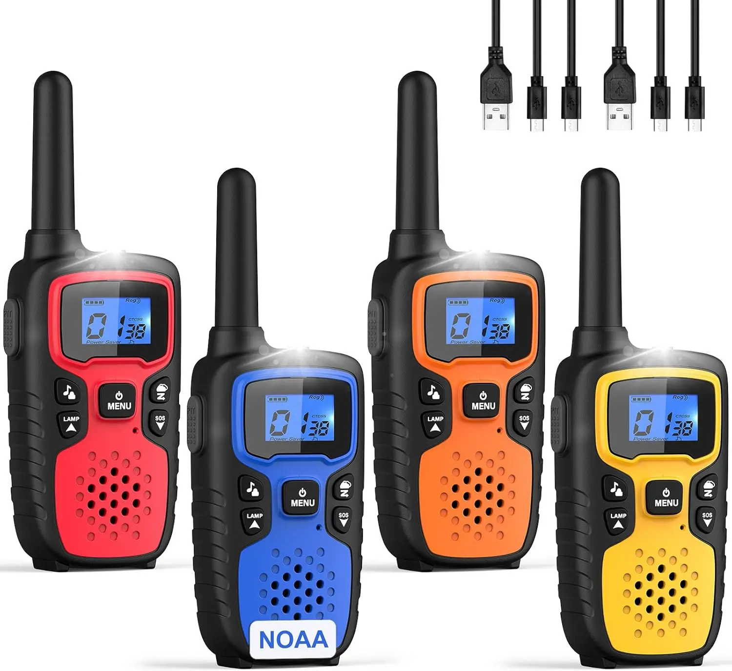 

Long Range Rechargeable Walkie Talkies 4 Pack with Flashlight, SOS Alarm & Weather Alert for Outdoor Adventures