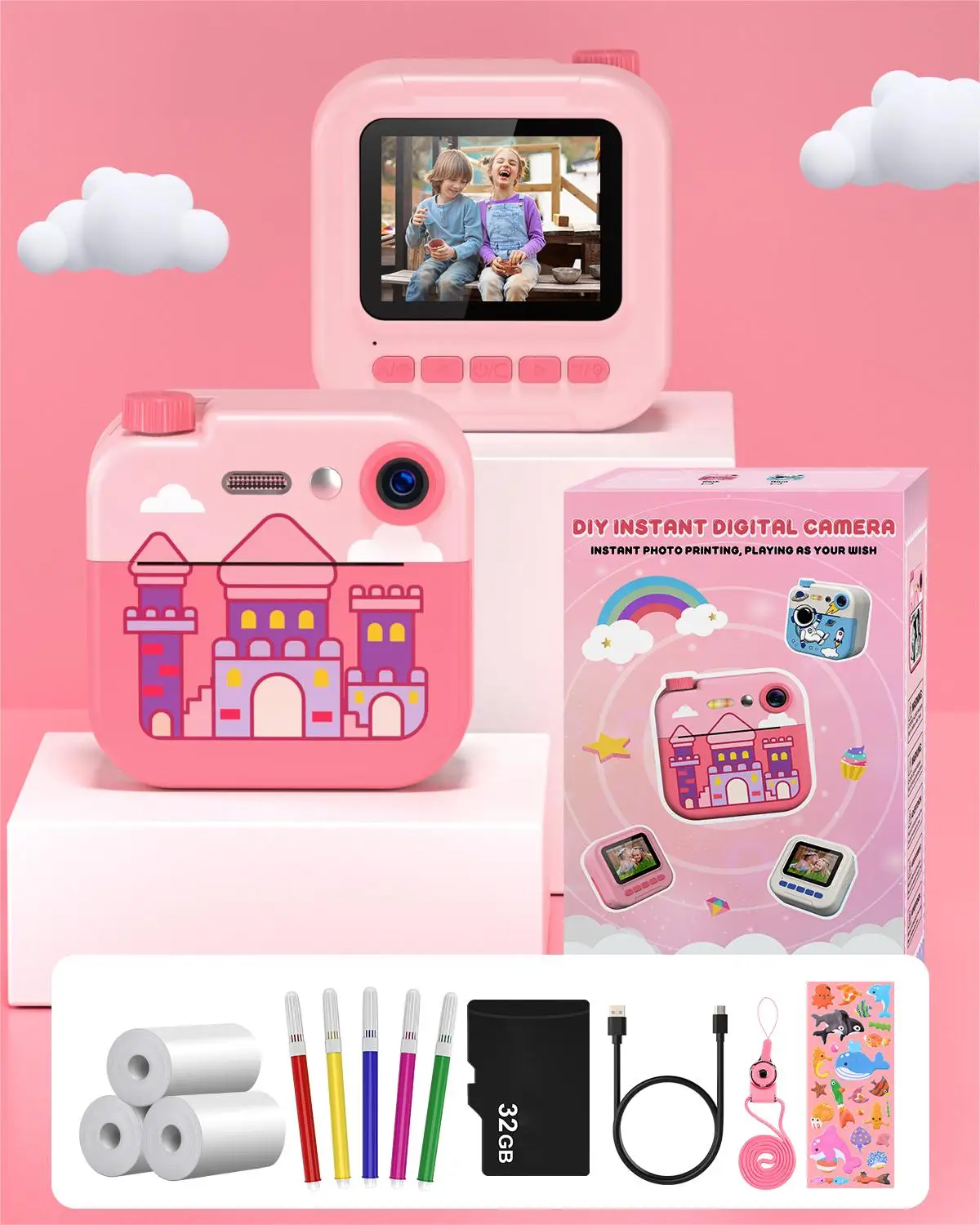 Instant Print Camera voor kinderen 2,4 "HD 1080P Digitale camera Speelgoed 32MP Draagbare Instant Camera met 3 rollen printerpapier voor 6-12 jaar