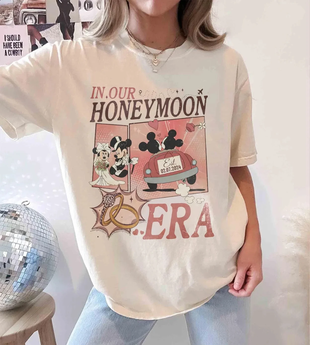 

Рубашка для медового месяца Диснея Футболки для пар с Микки и Минни с принтами для невесты и жениха Унисекс, хлопковые всесезонные базовые топы