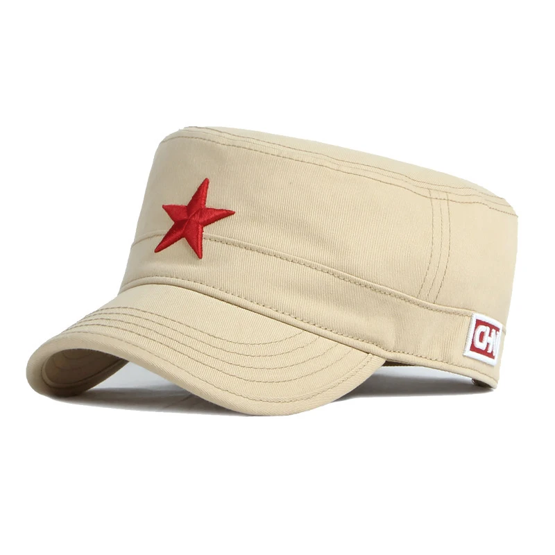 Summer Autumn Men Women Army Military Cap Flat Baseball Hat 3D Embroidered Red Star Cotton Peaked Cap for Outdoor Sun Protection