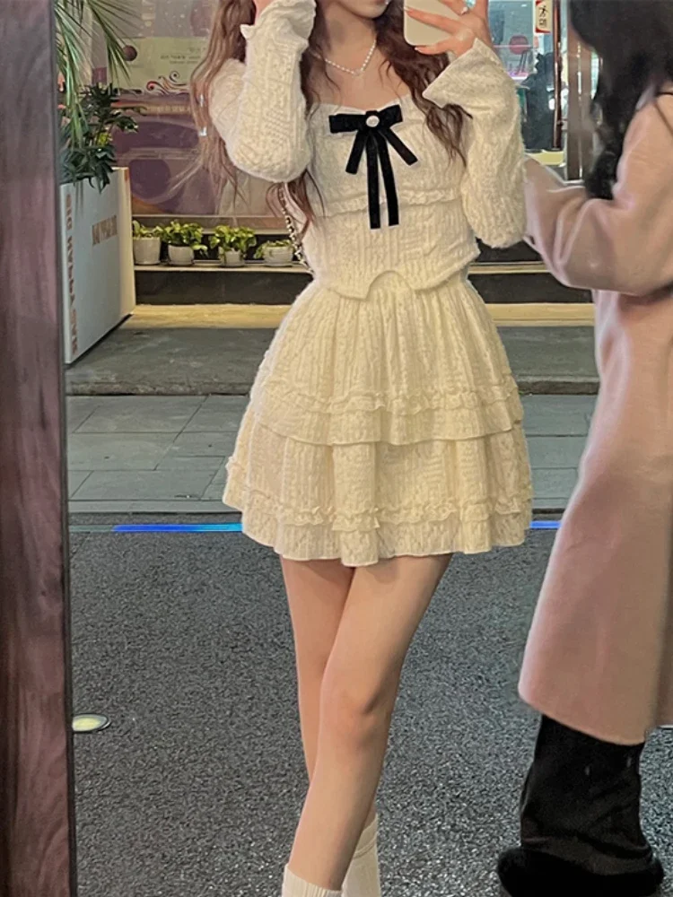 France Vintage Two-piece Set Women Velvet Korean Elegant Party Mini Skirt Suit Japanese Designer Blouse + Skirts Winter 2024 New