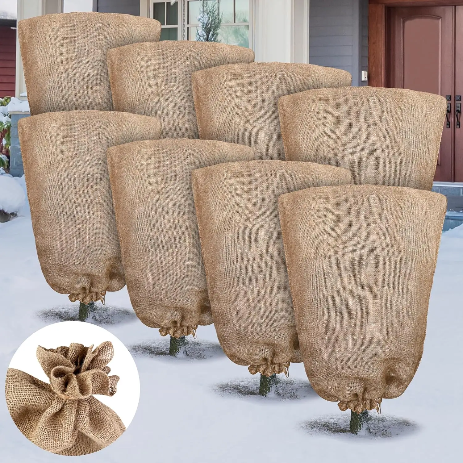 

8 упаковок зимних чехлов для растений из мешковины, сумки 23,6 x 39,4 дюйма, большой мешок из мешковины, одеяло для растений с шнурком, многоразовые теплые растения Fro