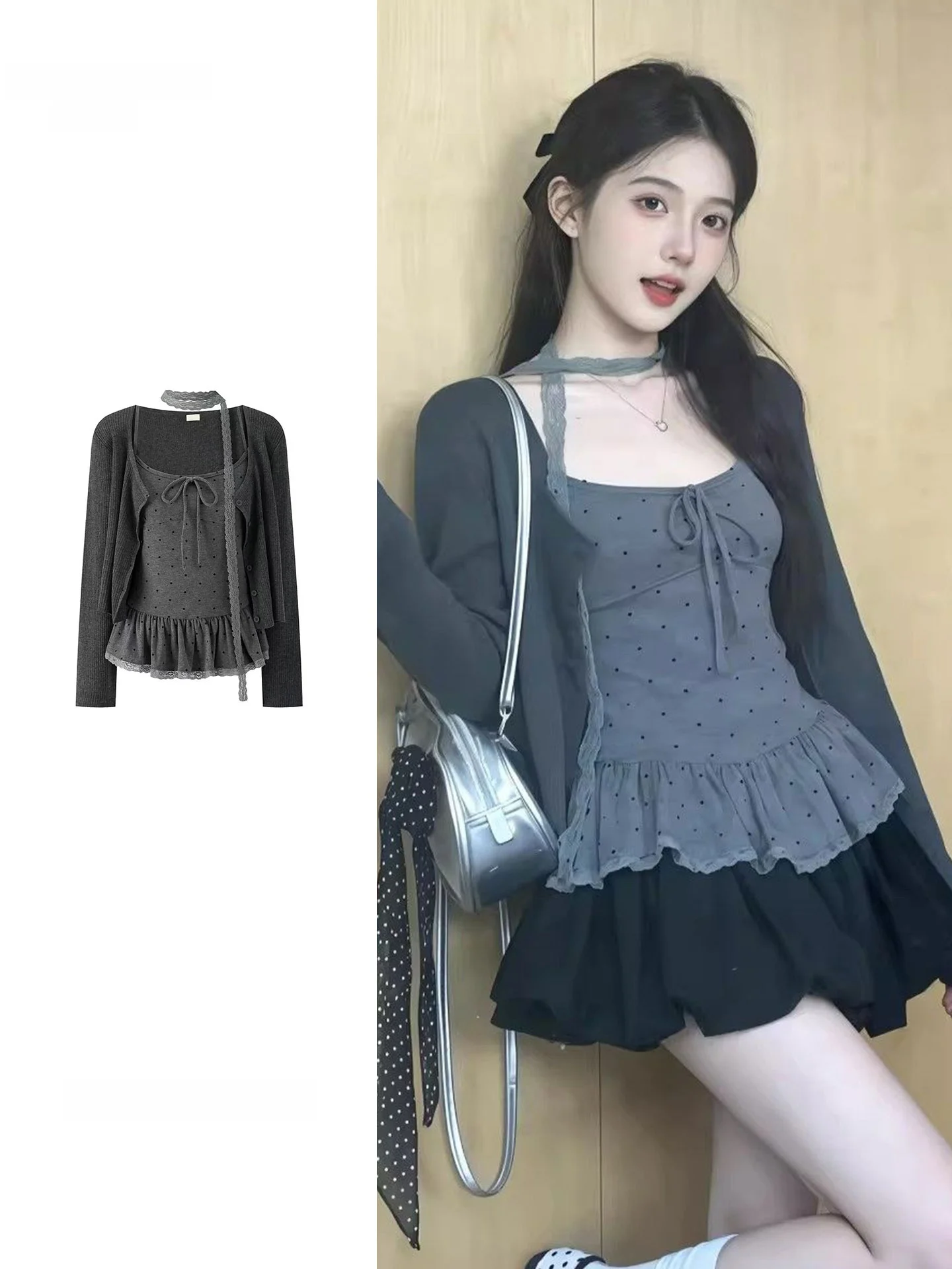 Sweet Polka Dot Ruffle Sleeveless Vest Top Spring Summer Short Style Women's Fashion Set Korean Style Cardigan Outerwear Coat
