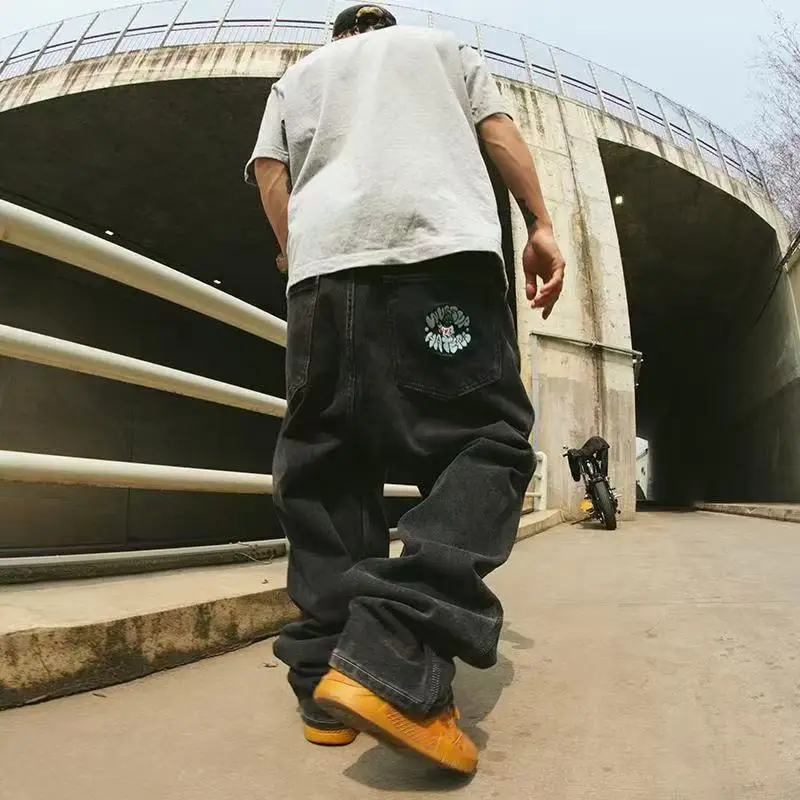 

Bla Cartoon American Street Skateboarding Jeans Men's Trendy Wide Leg Pants mid Waist Long Trousers for Youth Casual Autumn