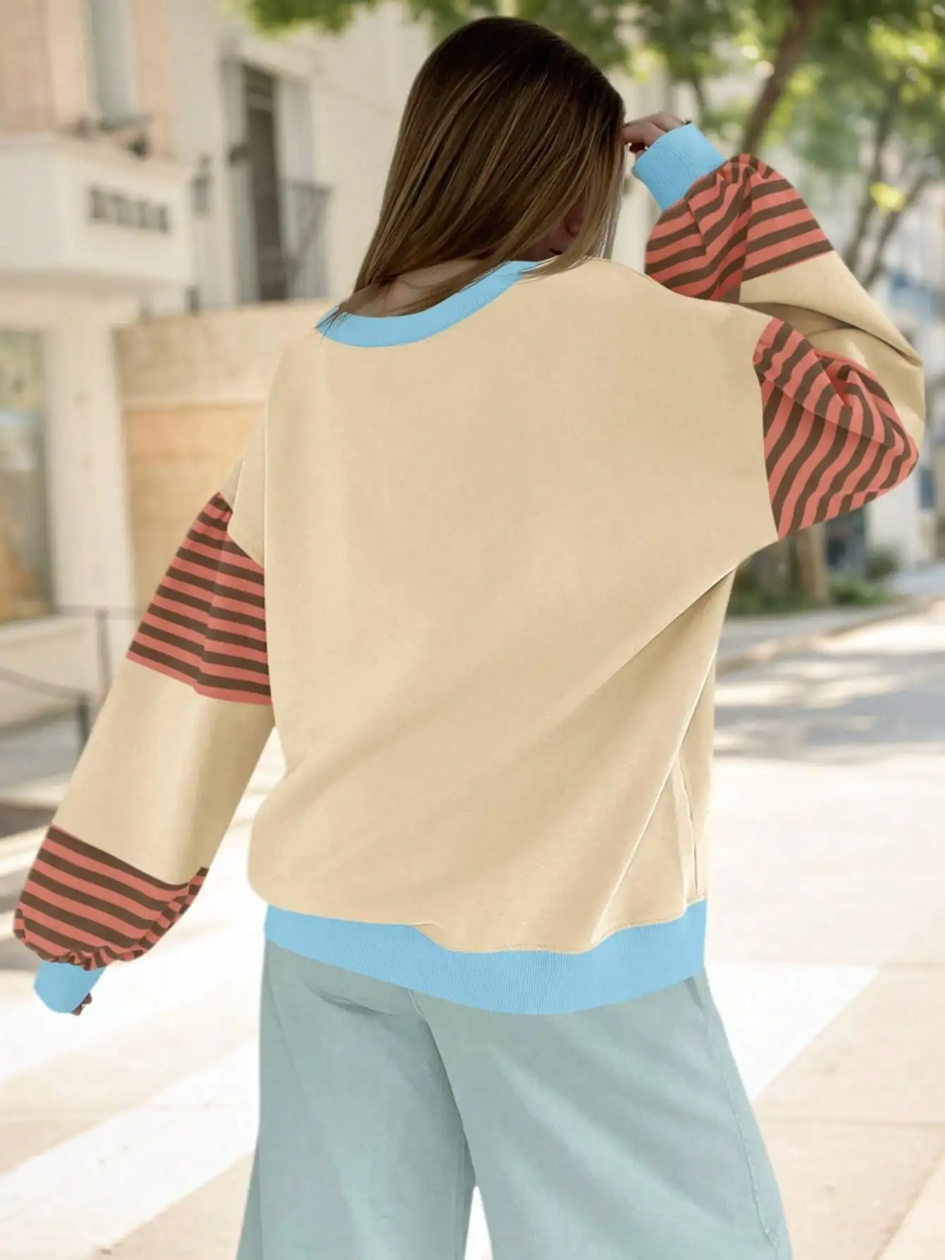 Fisoew sweat-shirt surdimensionné ColorBlock, pull à col rond à manches lanternes rayées, haut d'automne décontracté à manches longues avec épaules tombantes