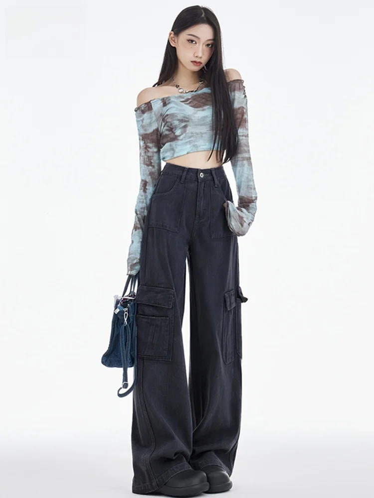 

Casual High Waist Grey Wide Leg Pocket Design Workwear Pants Women's Straight Cut Slim Version Summer New Arrival