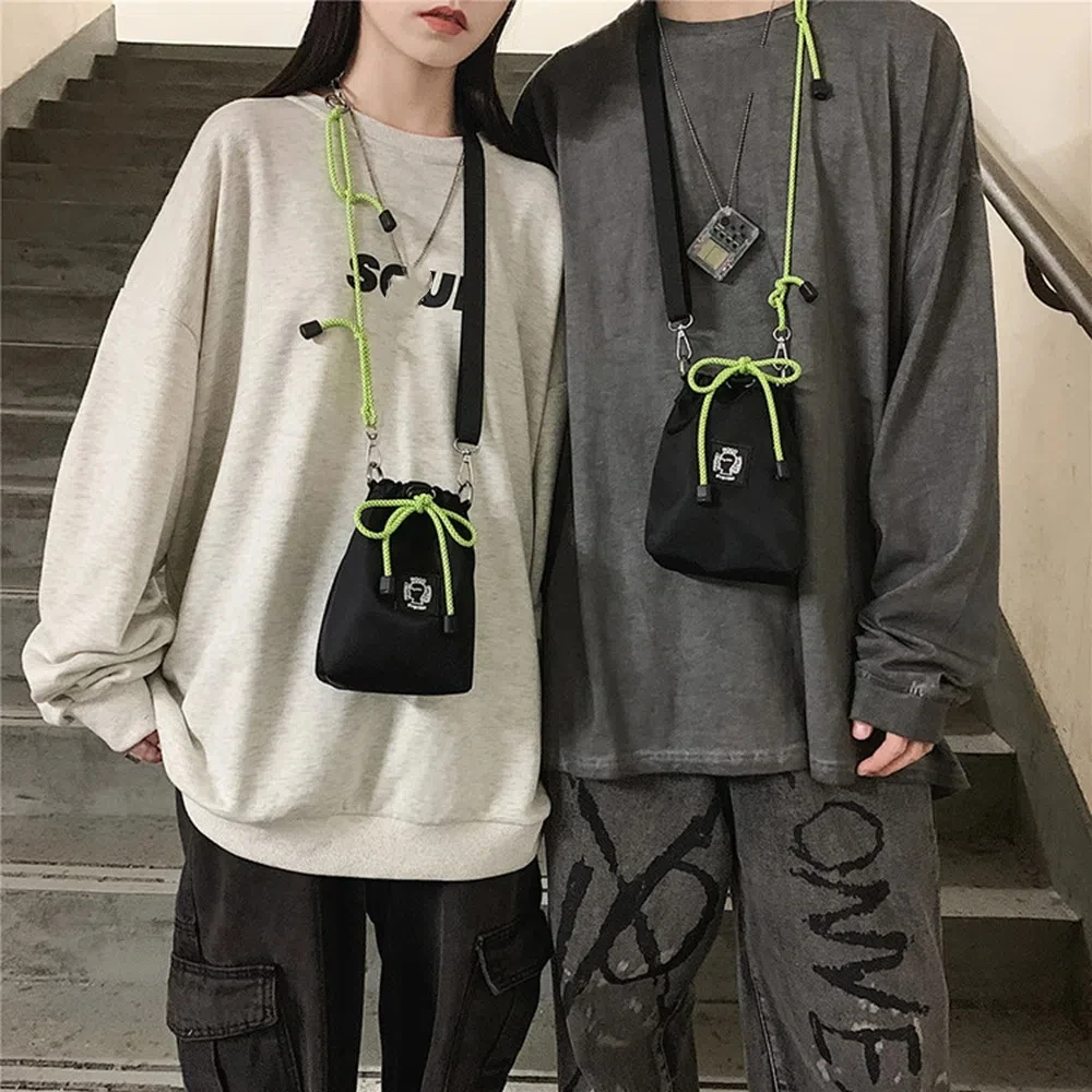 

Casual Drawstring Bucket Bag Fluorescent Color Strap Large Capacity Male Crossbody Bag Korean Style Single Shoulder