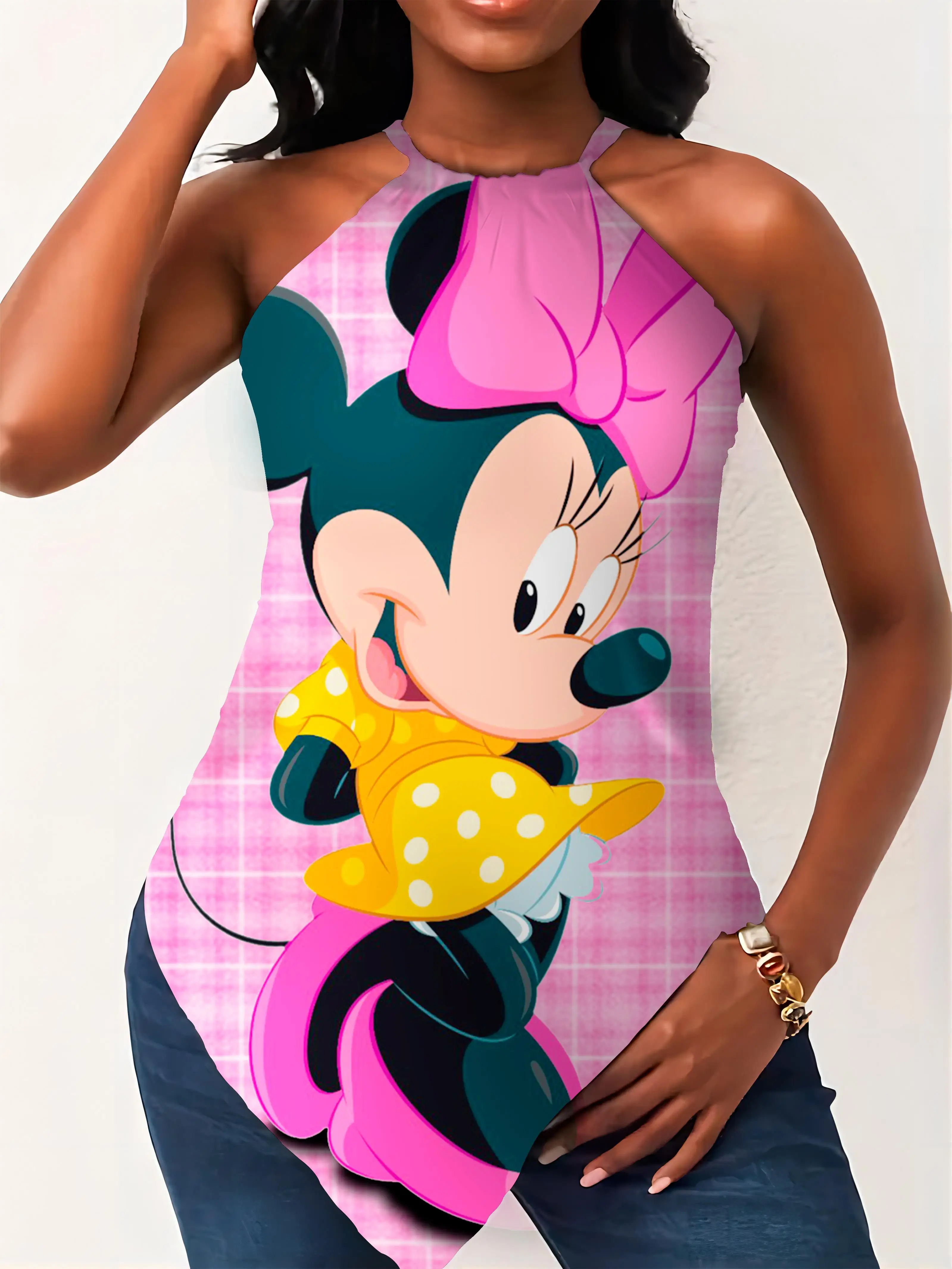 Top Disney Hanky Hem Women's T-shirt Mickey T-shirts Woman Summer 2024 Minnie Mouse Halter Y2k Crew Neck Sumer Clothes Top Neck