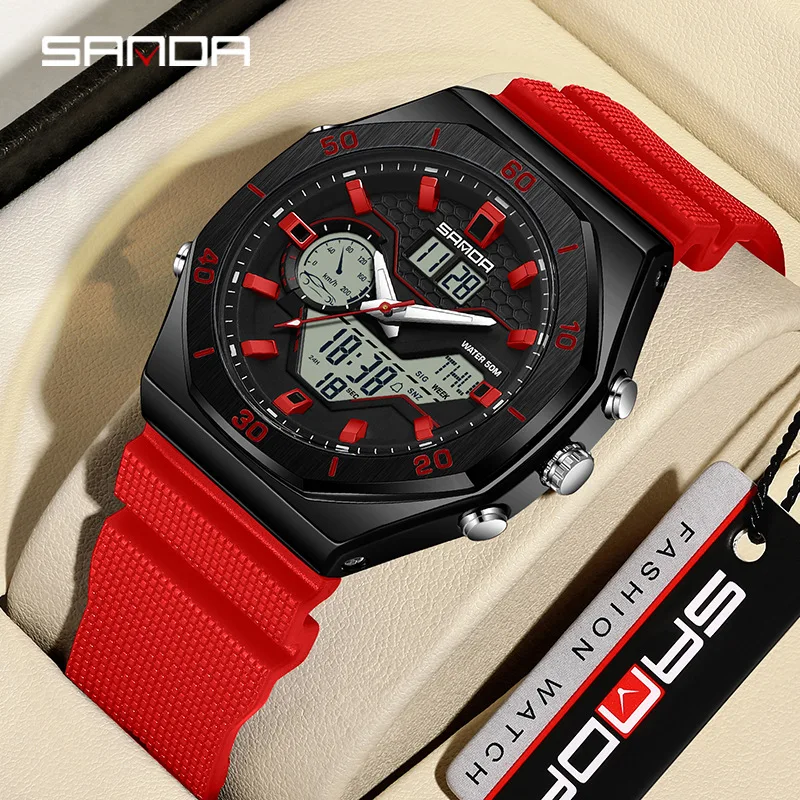 Sanda 6209 Men Waterproof Quartz Countdown Three Local Time Led Digital Watches Alarm Dual Movement Electronic Reloj De Hombre