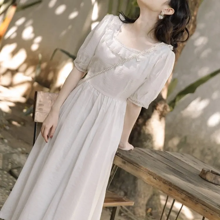 

Нежное платье Sweet First Love белого цвета с кружевной отделкой и квадратным вырезом, коротким рукавом, женское летнее платье Soft Breeze