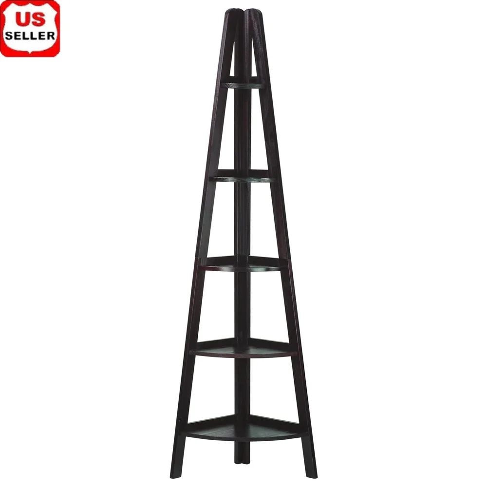 

Five-Shelf Corner Ladder Bookcase Solid Wood Espresso Finish Space Saving Storage Display Unit Home Office Modern Decor