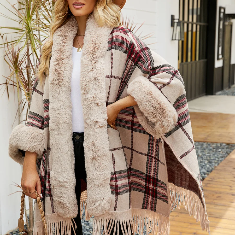 

ZJZLL Plaid Faux Fur Coat Hooded Poncho Cape Loose Plus Size Autumn Winter Fast Delivery Shawl Woolen Knit Tassel Coats Women