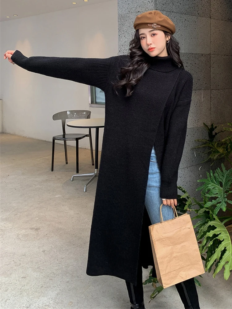 LANMREM High Neck Split Knitted Pullover Mid Length Long Sleeves Solid Color Fashion Streetwear Clothing Autumn Winter 2DA9119