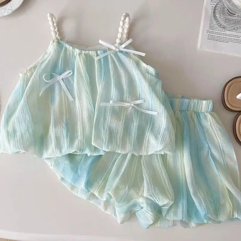 Korean Sweet Cute 2024 Summer New Girls Sling Printed Tie Dye Spliced Bow Stylish Loose Sleeveless Elastic Shorts Casual Sets