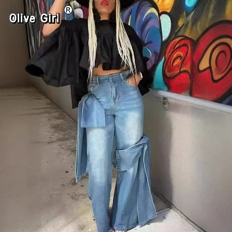 Olivegirl lente denim broek hoge taille riemen volledige lengte blauwe jeans tij high street style damesbroek zomerkleding
