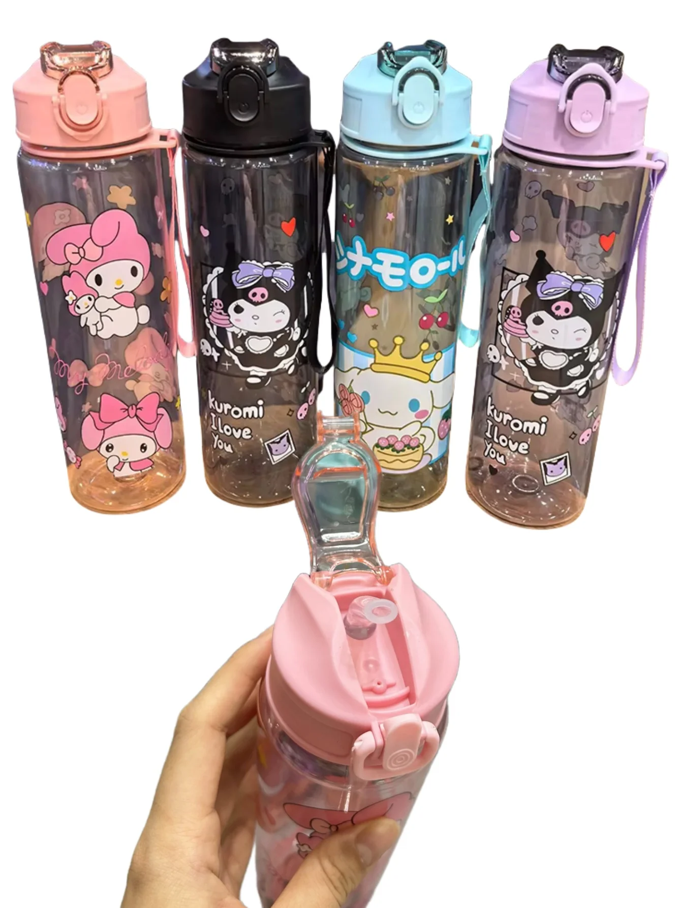 

1pc 800ml Sanrio Cartoon Hello cute Kitty MyMelody Kuromi Cinnamoroll Leak Proof Plastic Straw Cup Travel Outdoor Portable