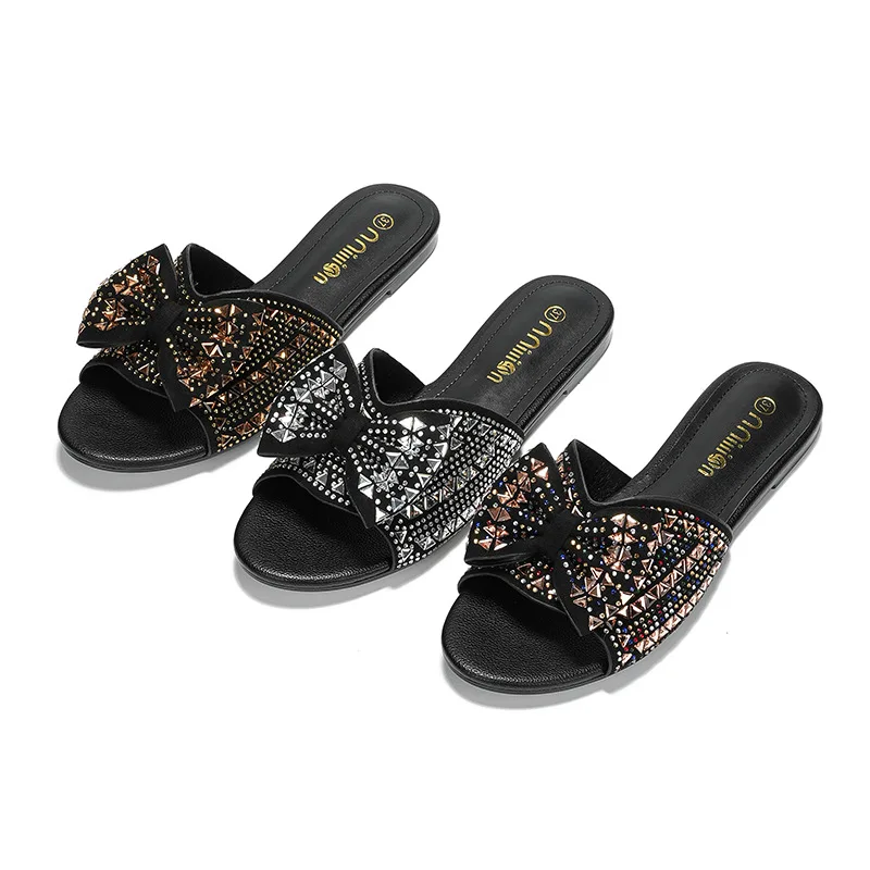 

2025 New Rhinestone Bow Flat Bottom Women's Sandals Fashion Summer Women Slippers