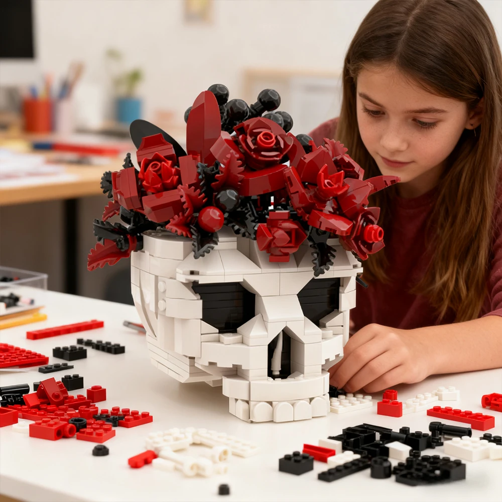 

Gothic 510 PCS Skull Roses Building Set DIY Skeleton Flowers Pot Blocks Home Decor Holiday Party Photo Props Assembly Toy Gifts