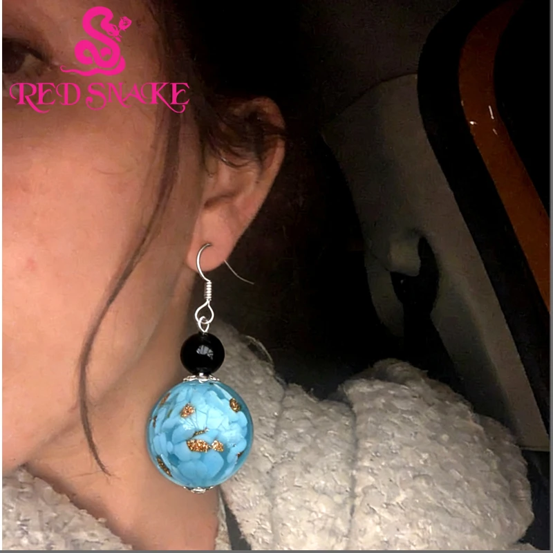 

RED SNAKE Fashion Earring Handcraft Ablaze Blue with Golden sand spot Murano Glass Dangle Earrings