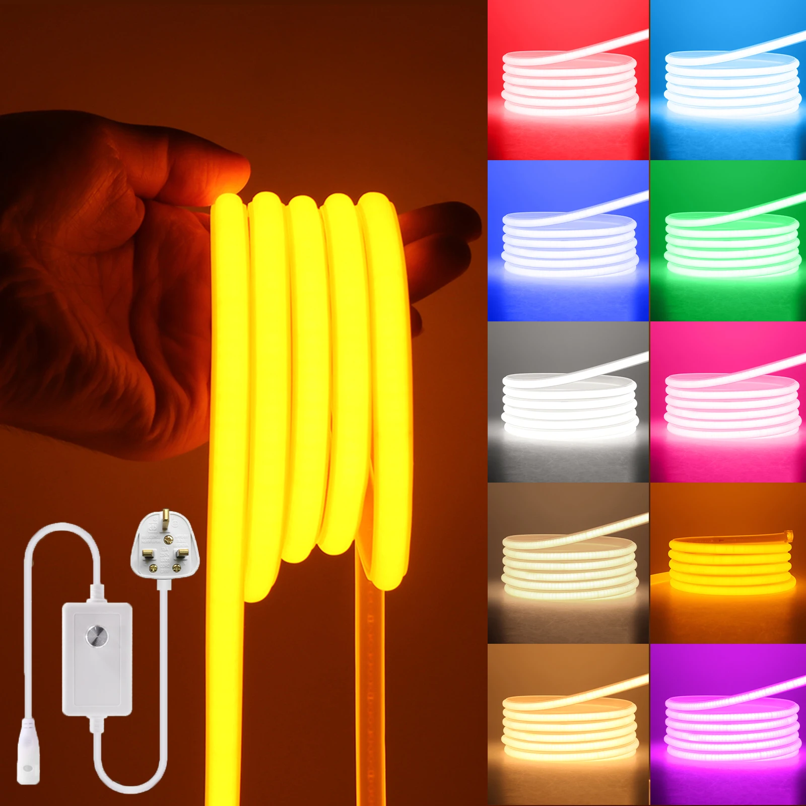 

Dimmable COB LED Strip Light 220V With UK Power Kit Dimmer Switch Waterproof 288LEDs/m Flexible LED Neon Strips Linear Lighting