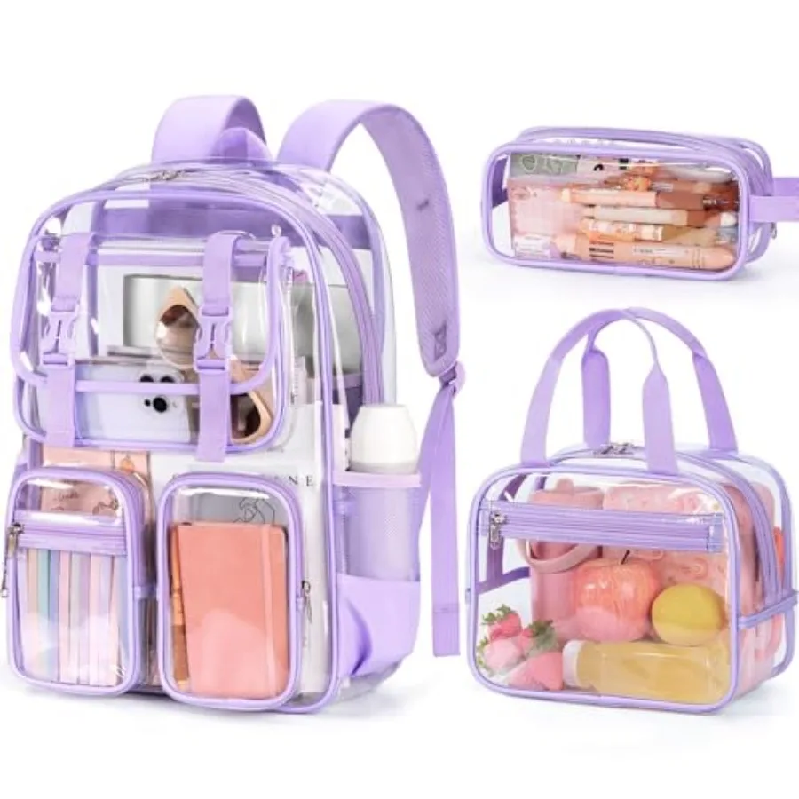 

Прозрачный рюкзак для девочек - набор из 3 прочных прозрачных сумок: школьный рюкзак, большая прозрачная сумка из ПВХ, ланч-бокс и пенал.