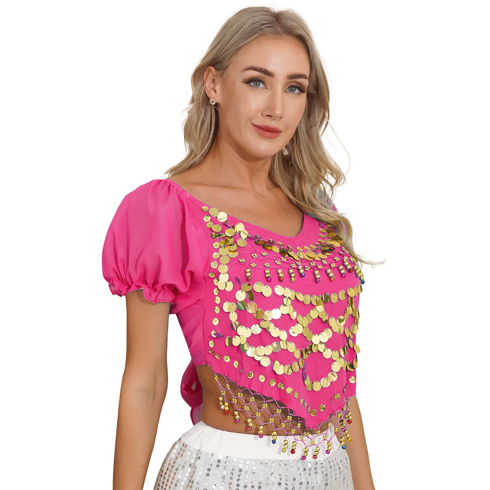 Womens Sequined Beaded Tops Short Puff Sleeve Irregular Hem Crop Top for Belly Dance Stage Performance Halloween Theme Party