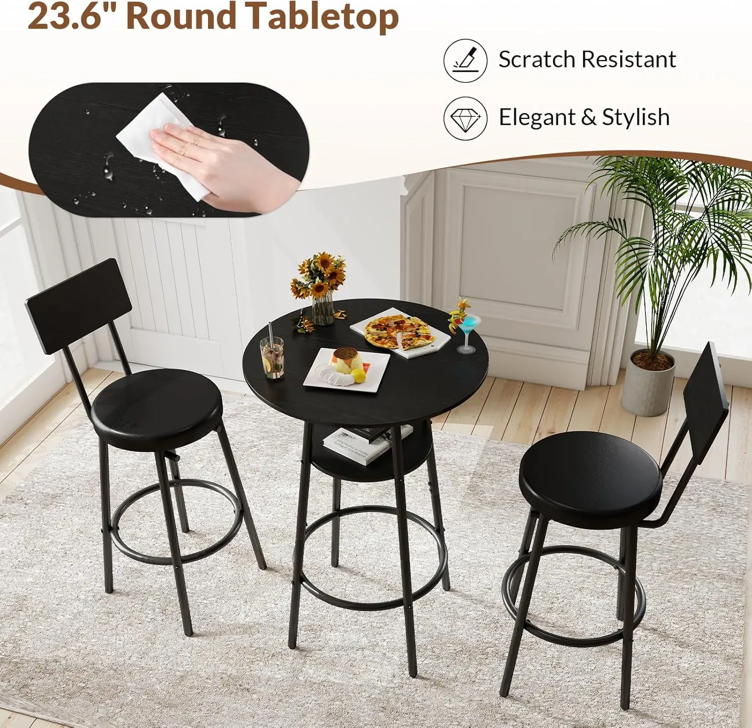 3-Piece Round Bar Table Set with Storage, Black Kitchen Dining Table for Two and Cushioned Stools