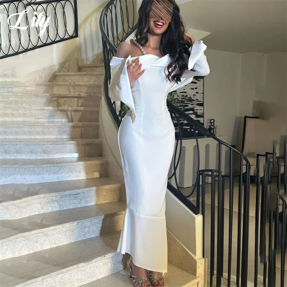

Lily White Prom Dress Off the Shoulder Evening Dress Ruched On Chest Party Dress Full Sleeve Robe De Soirée Elegant Customized
