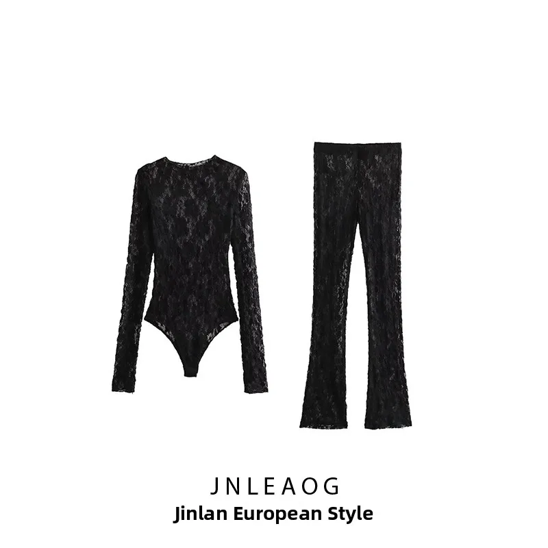 

JNLEAOG Women's Lace Bodysuit High Waist Pants Split Design Fashion Set Polyester Material Slim Fit Style for Autumn Season