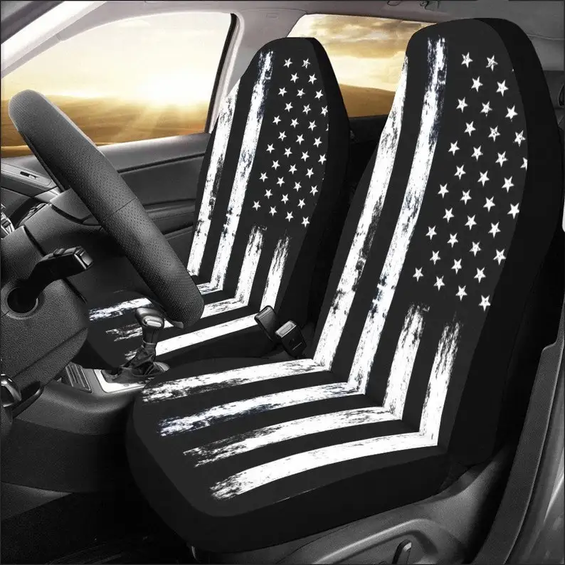 

USA America Flag Car Seat Covers 2 pc, US Distressed Black White Patriotic American Front Auto Car SUV Protector Accessory Decor
