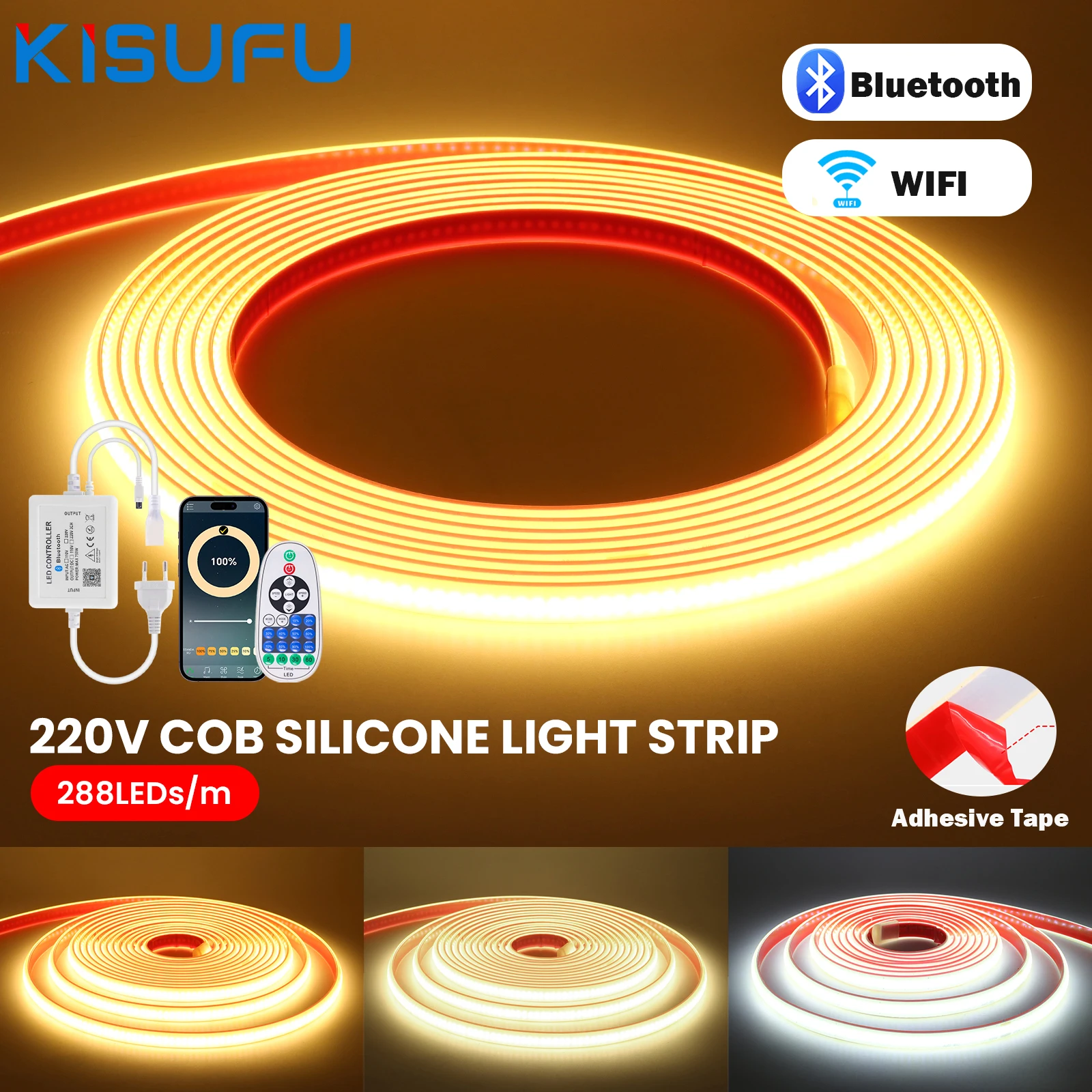 

220V 230V Dimmable COB LED Strip Light WIFI Bluetooth Remote Control 288LEDs/M Waterproof Adhesive Strip Home Garden Lighting