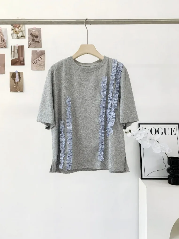 

Summer 2026 Casual Comfortable round Neck Short Sleeve T-Shirt Korean Style Skin-friendly Floral Lace Detail Standard Fit Cotton