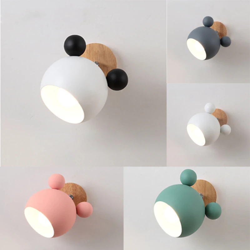 Nordic Creative Macaron Simple Personality Bedroom Mickey Cartoon Warm Children's Room Bedside Lamp Wooden Wall Lamp