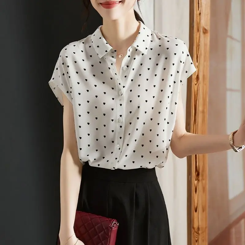 Summer New Fashion Casual Polka Dot White Chiffon Short Sleeved Shirt Loose Comfortable Original Design Youthful Wind Lady Top