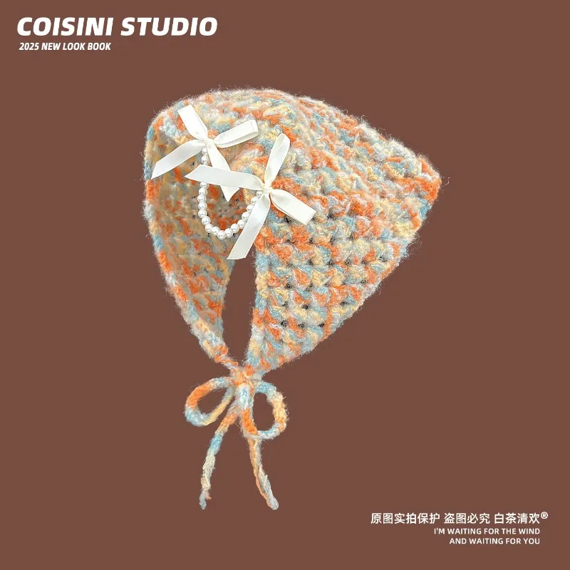 

Новый французский ретро разноцветный полый треугольный шарф для волос на весну и осень, универсальный элегантный пуловер для путешествий, женские шапки