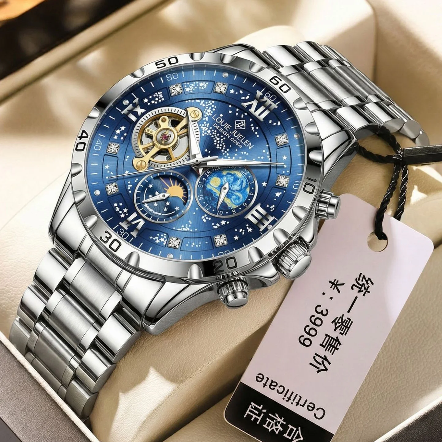 

Мужские автоматические механические часы модные роскошные с ремешком из нержавеющей стали водонепроницаемые спортивные деловые повседневные светящиеся с функцией фаз луны