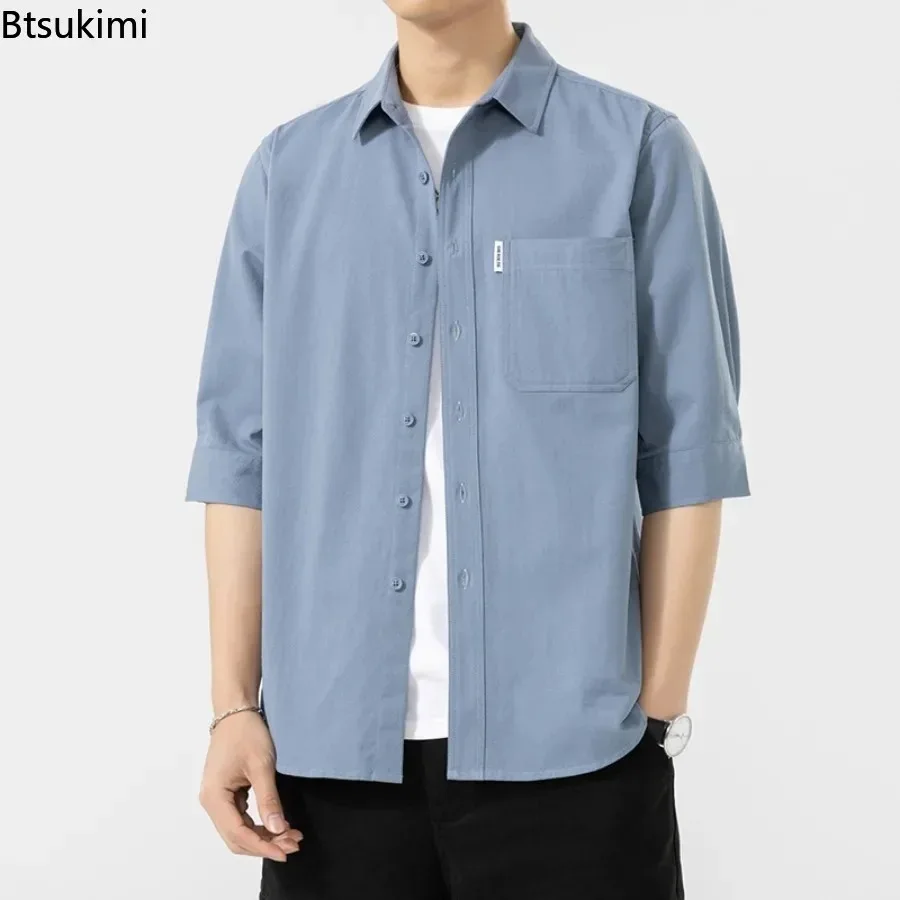 

2026 Fashion Men's Short-sleeved Casual Shirt Comfortable Water Washed Cotton Shirt Coats Solid Loose Cardigan Tops Male Blouses