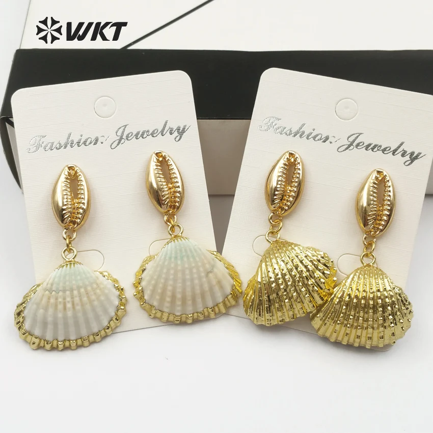 WT-E439 Special Design Full Gold Dipped Cowrie Inlay Scallop Shell Earring Middle Length Beach Lovely Decorative