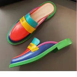 Dilalula 2025 Plus Size 34-42 New Genuine Leather Slippers Women Mixed Color Covered Toe Fashion Mules Ladies Low Heels Slippers