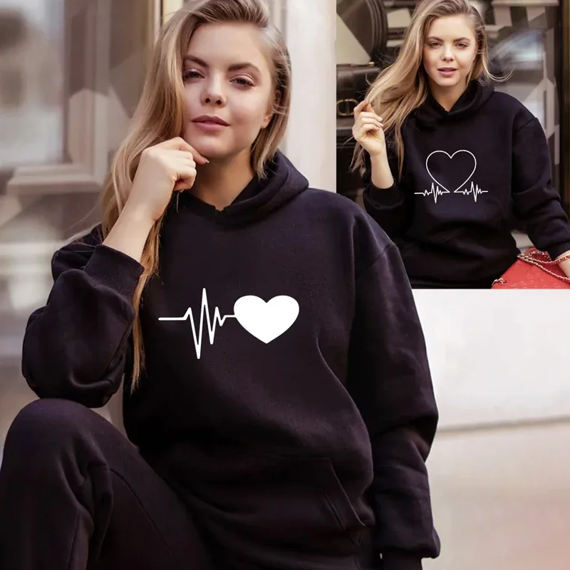 

Women Hoodies Love Heart Printed Hooded Pullover Streetwear Autumn Winter Ladies Cloth Female Fleece Sweatshirt Tops Home Wear